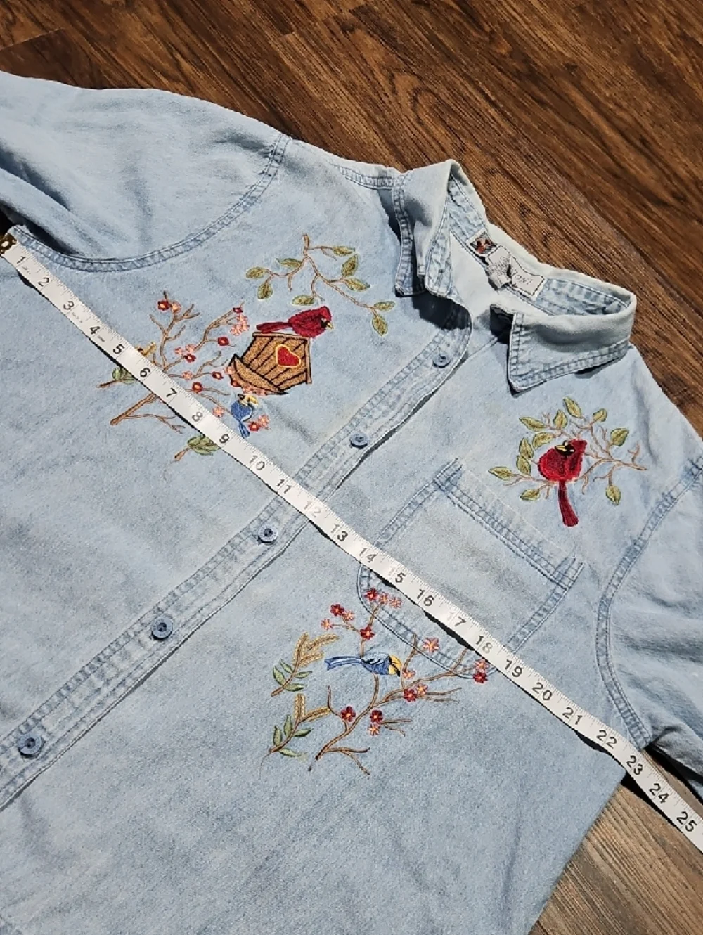 Vintage Light Wash Denim Button-Down Shirt with Cardinal Embroidery, Size Large - Picture 8 of 13